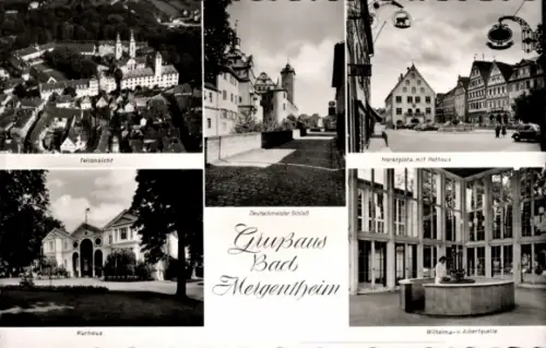 Ak Bad Mergentheim in Tauberfranken, Stadtansicht, Kurhaus, Marktplatz, Wilhelma-Albertquelle