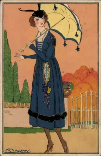 Künstler Ak Mauzan, Elegante Dame mit Sonnenschirm