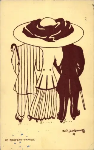 Künstler Ak Frau mit großem Hut, Zwei Männer