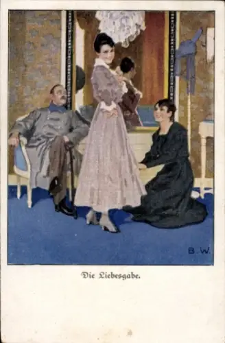 Künstler Ak Wennerberg, Bruno, Die Liebesgabe, Soldat, Frau bei der Kleideranprobe