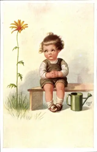 Künstler Ak Fialkowska, Wally, Kind, Blumen, Gießkanne