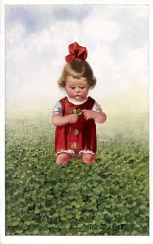 Künstler Ak Die Welt voll Glück, Kleines Mädchen im Kleeblattfeld, Primus 03356