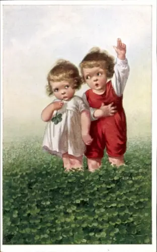 Künstler Ak Fialkowska, Kinder auf der Glücksklee-Wiese, Eid