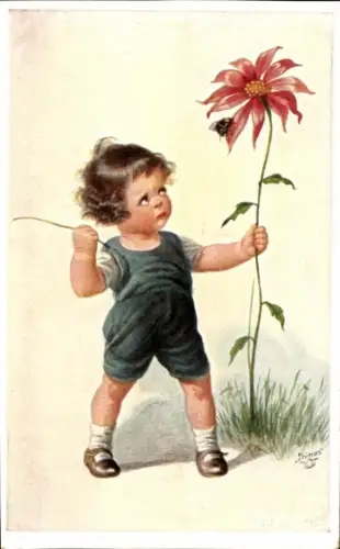 Künstler Ak Fialkowska, Wally, Kind, Blumen, Biene