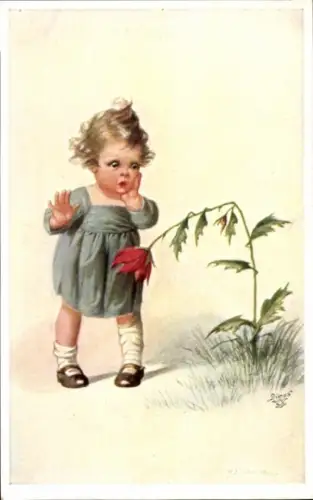 Künstler Ak Fialkowska, Wally, Mädchen, abgeknickte Blume