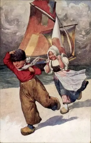 Künstler Ak Feiertag, Karl, Junge und Mädchen am Strand, Segelboot, Holzschuhe, BKWI 476 4