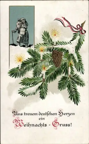 Glückwunsch Weihnachten, Weihnachtsmann mit Geschenken, aus treuem deutschen Herzen