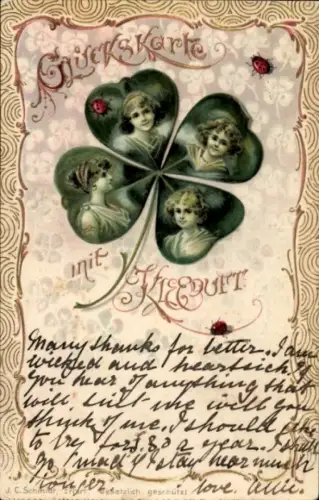 Präge Litho Glückskarte mit Kleeduft, Frauen im Kleeblatt, Marienkäfer