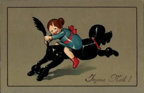 Litho Frohe Weihnachten, Puppe reitet auf einem Spielzeughund