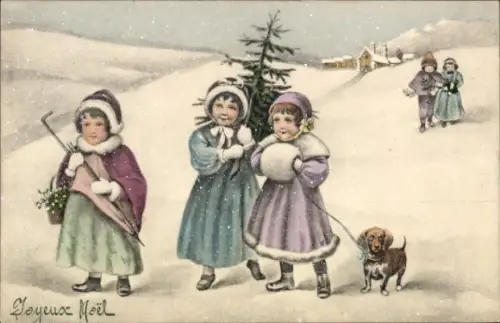 Ak Glückwunsch Weihnachten, Kinder, Tannenbaum, Hund