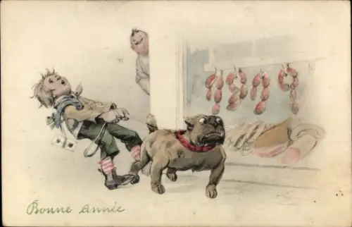 Ak Glückwunsch Neujahr, Kind, Bulldogge, Wurst, Fleisch, Fleischer