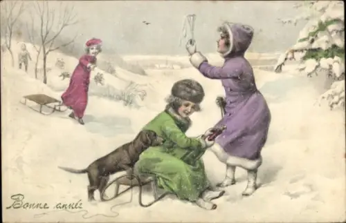 Ak Glückwunsch Neujahr, Kinder, Schnee, Schlitten, Dackel