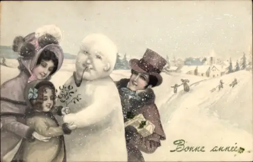 Ak Glückwunsch Neujahr, Eltern, Kind, Schneemann, Mistelzweige