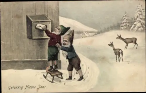 Ak Glückwunsch Neujahr, Zwerge, Briefkasten, Schlitten, Rehe