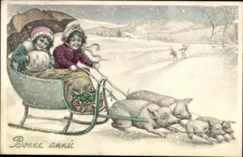 Ak Glückwunsch Neujahr, Schlittengespann, Schweine, Kinder
