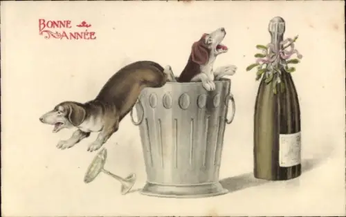 Ak Glückwunsch Neujahr, Hunde im Eimer, Sektflasche, Mistelzweige