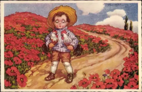 Künstler Ak Junge mit zwei Hähnen, Blumenwiese, Mohn