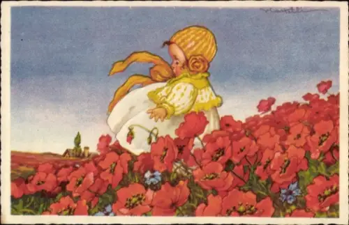 Künstler Ak Mädchen auf Blumenwiese, Mohn