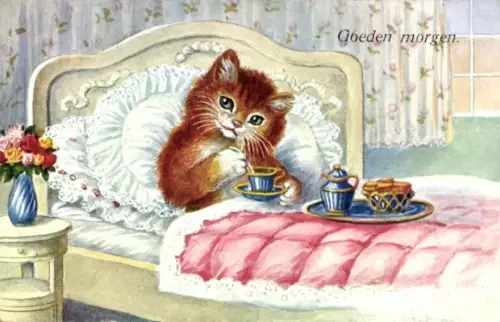 Ak Guten Morgen, vermenschlichte Katze im Bett