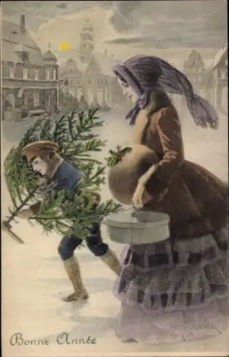 Künstler Ak Schubert, Glückwunsch Neujahr, Frau mit Kind, Tannenbaum