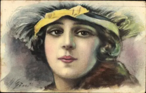 Künstler Ak Portrait einer jungen Frau mit Hut