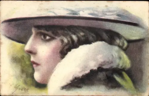 Künstler Ak Gemaltes Porträt einer jungen Frau, Hut
