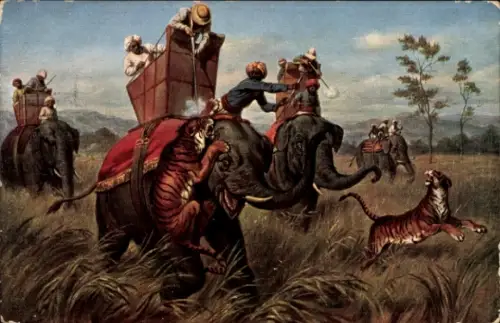 Künstler Ak Tigerjagd, Jäger auf Elefanten, Elefantenführer