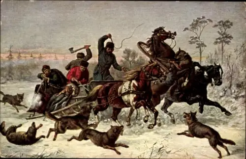 Künstler Ak Russland, Wolfsjagd, Pferdeschlitten, Gewehre