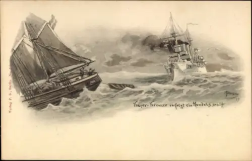 Künstler Ak Kreuzer verfolgt ein Handelsschiff