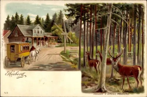 Litho Friedrichroda im Thüringer Wald, Heuberg, Heuberghaus, Kutsche, Hirsche