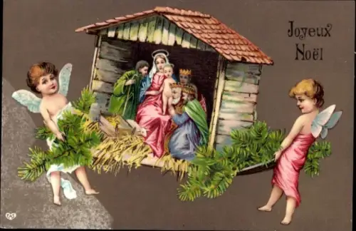 Glitzer Ak Frohe Weihnachten, Krippenszene, Engel, Heilige Drei Könige