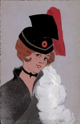 Ak Gemaltes Porträt einer Frau, Hut, Mantel