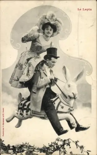 Ak Liebespaar reitet auf einem Hasen