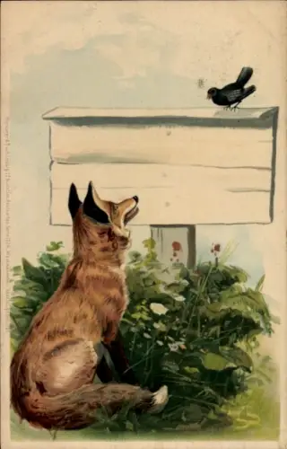 Litho Fuchs und schwarzer Vogel