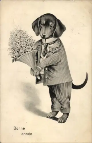 Ak Glückwunsch Neujahr, Gekleideter Dackel mit Blumenstrauß