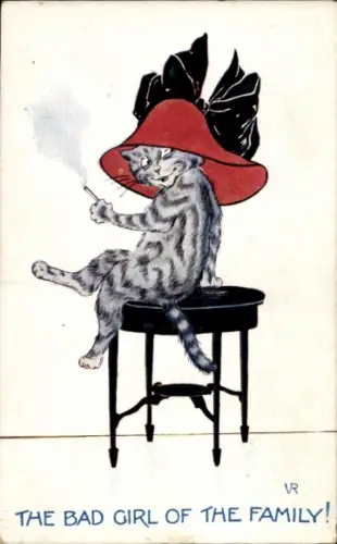 Künstler Ak Rauchende Katze, Hut, Zigarette