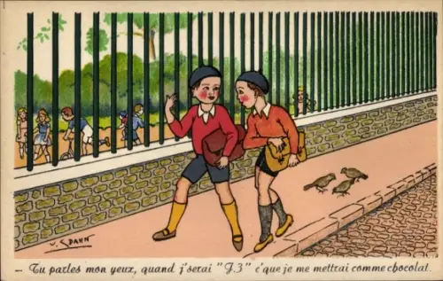 Künstler Ak Spahn, Zwei Jungen mit Schultasche und Baskenmütze