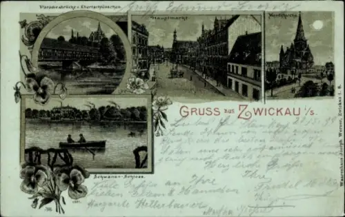 Litho Zwickau, Paradiesbrücke, Ebertschlösschen, Hauptmarkt, Moritzkirche, Schwanenschloss
