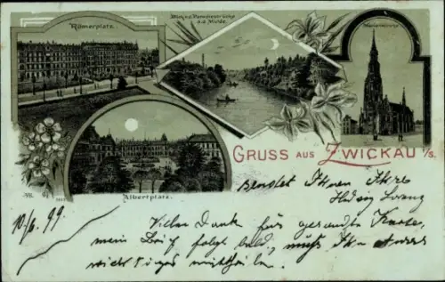Mondschein Litho Zwickau in Sachsen, Römerplatz, Albertplatz, Mulde von der Paradiesbrücke, Kirche