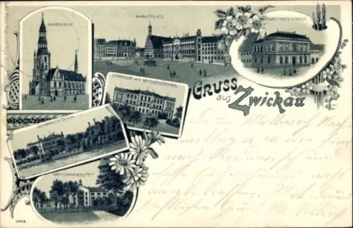 Litho Zwickau in Sachsen, Marktplatz, Marienkirche, Schwanenteich, Kreiskrankenstift, Gymnasium
