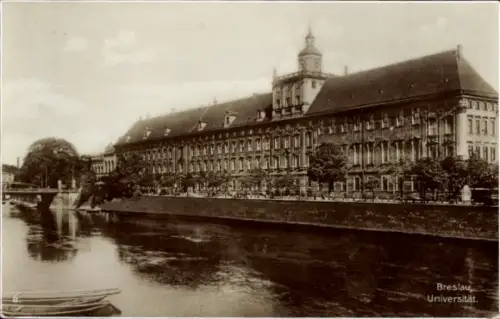 Ak Wrocław Breslau Schlesien, Universitätsgebäude, Flussansicht, sepia-tonal