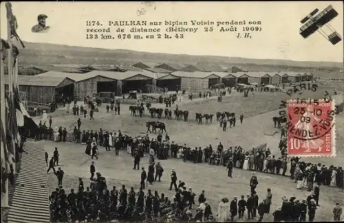 CPA Paulhan sur biplan Voisin pendant son record de distance, Bétheny 25 Août 1909