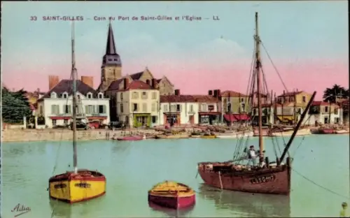 Ak Saint Gilles sur Vie Vendée, Coin du Port de Saint-Gilles, Kirche