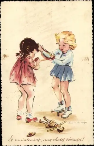 Künstler Ak Kinder, Faden, Wollknäuel, Puppe