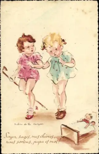 Künstler Ak Zwei Mädchen, Schlafende Puppe