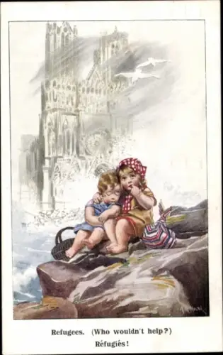 Künstler Ak Kinder als Flüchtlinge, Felsen, Kathedrale