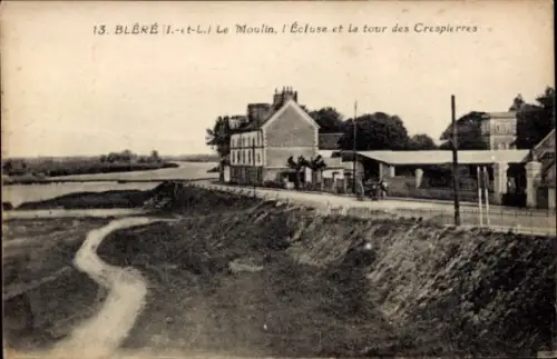 Ak Bléré Indre et Loire, Moulin, Écluse, Tour des Crespierres, Landschaft, Gebäude