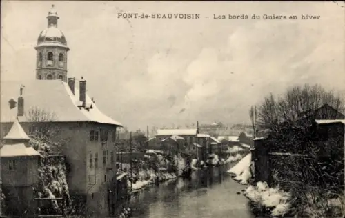 Ak Pont de Beauvoisin Isère, Ufer des Guiers im Winter