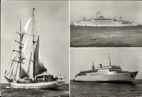 Ak Segelschulschiff Wilhelm Pieck, Urlauberschiff GTMS Fritz Heckert, Fährschiff Sassnitz