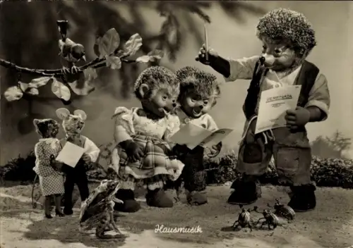 Ak Mecki der Igel, Hausmusik, Igelkinder, Frosch, Mäuse, Maikäfer
